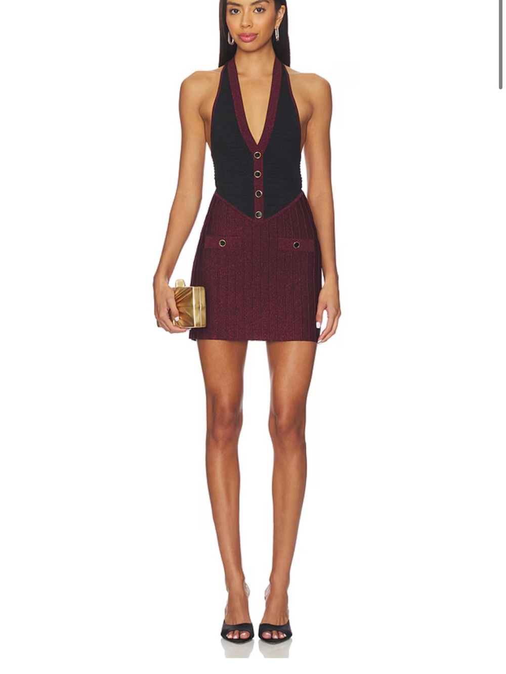 Eris Knit Deep V Halter Knit Mini Dress in Burgundy and Black